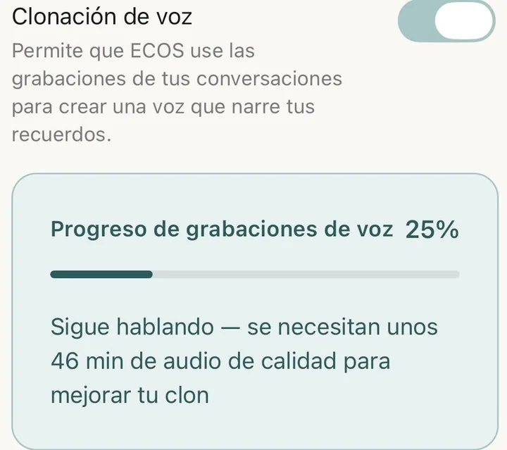 Pantalla de consentimiento de voz en la app ECOS