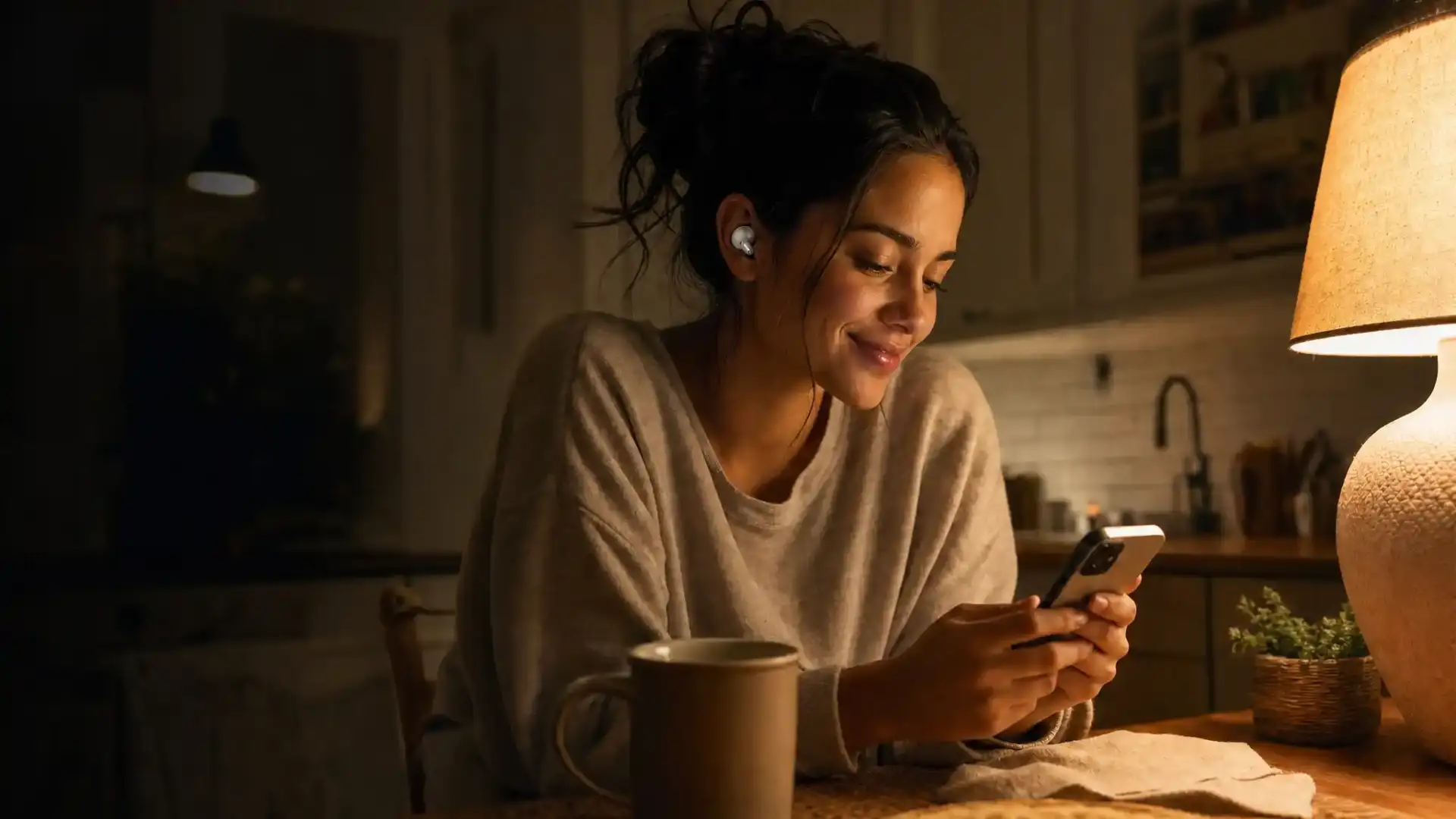 A woman listening to a voice message at night