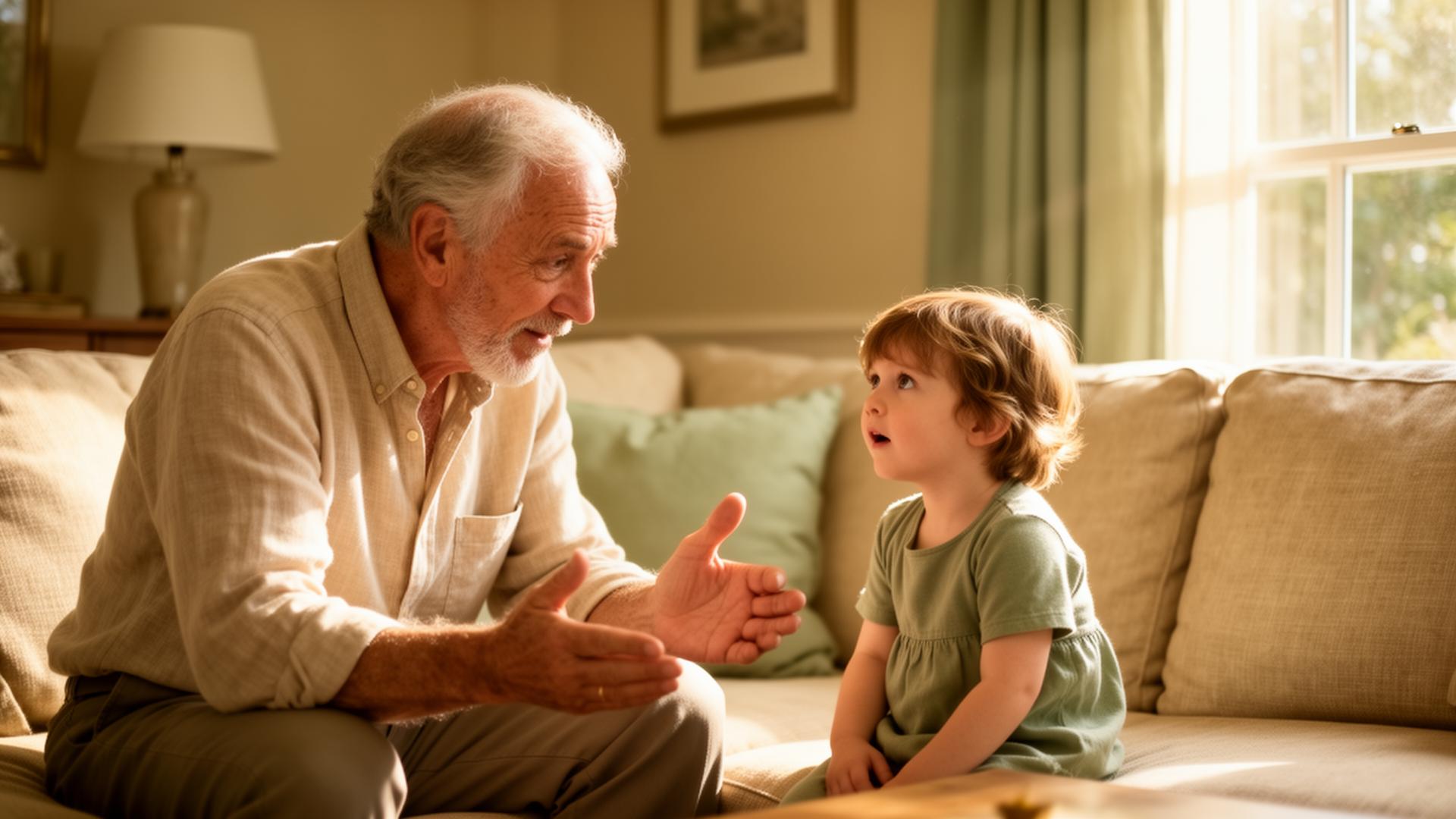 A grandfather sharing a story with his grandchild in warm afternoon light